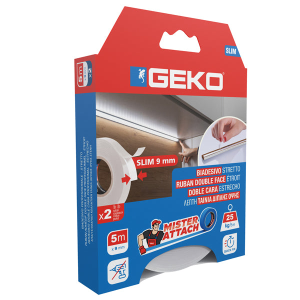 Geko - 8200400001 - Nastro biadesivo SLIM Mister Attach - 9 mm x 5 m - acrilico - bianco - Geko - conf. 2 pezzi - 103639 -  Conf. da 1 Pz.