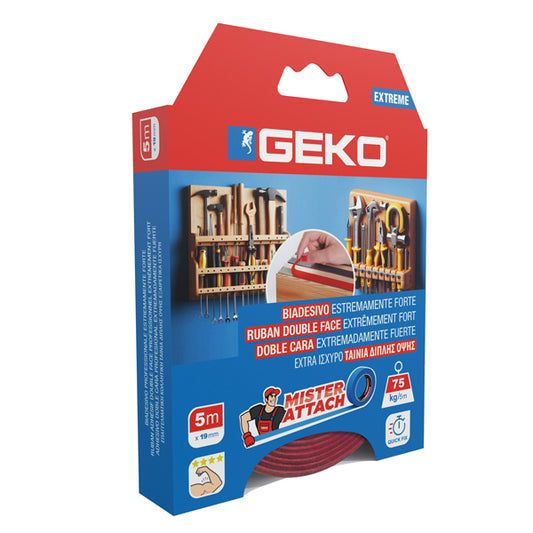 Geko - 8200500002 - Nastro biadesivo EXTREME Mister Attach - 19 mm x 5 m - LDPE - grigio-rosso - Geko - 103641 -  Conf. da 1 Pz.