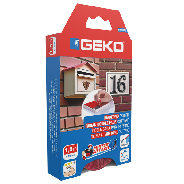 Geko - 8200800001 - Nastro biadesivo OUTDOOR Mister Attach - 19 mm x 1,5 m - PP - grigio-rosso - Geko - 103642 -  Conf. da 1 Pz.