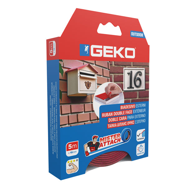 Geko - 8200800002 - Nastro biadesivo OUTDOOR Mister Attach - 19 mm x 5 m - PP - grigio-rosso - Geko - 103643 -  Conf. da 1 Pz.