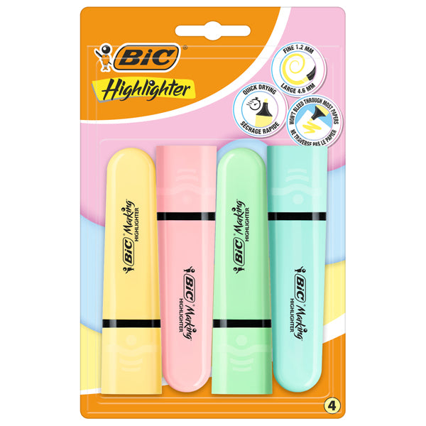 BIC - 517953 - Evidenziatore Flat  - punta a scalpello - tratto da 1,2mm-4,6mm - colori assortiti pastel - Bic - astuccio 4 pezzi - 103649 -  Conf. da 1 Pz.