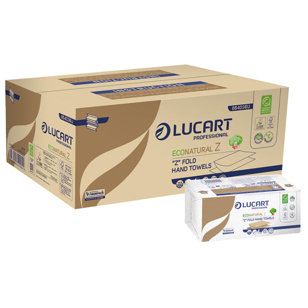 Lucart - 864036U - Asciugamani piegati a Z EcoNatural - 2 veli - 20,5 gr - 23,5 x 21,5 cm - goffratura corda - avana - Lucart - conf. 220 pezzi - 103709 -  Conf. da 18 Pz.