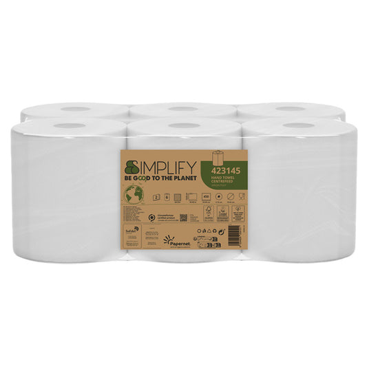 PAPERNET - 423145 - Asciugamani in rotolo Centrefeed Simplify - 19,6 cm x 90 m - diametro 18,5 cm - 17,5 gr - 450 strappi - 2 veli - bianco - Papernet - 103770 -  Conf. da 6 Pz.