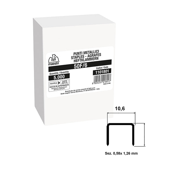 RO-MA - 1101801 - Punti 50F-6  - H 6mm Romeo Maestri - contenuto da 5.000 pezzi cad confezione - conf. 2 scatole - 103829 -  Conf. da 10 Pz.