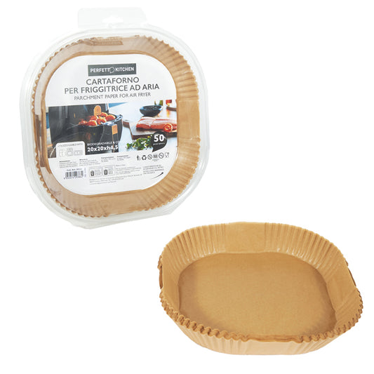 PERFETTO - 29386 - Vaschette cartaforno per friggitrice ad aria - in astuccio - 20 x 20 x 4,5 cm - avana - Perfetto Kitchen - conf. 50 pezzi - 103910 -  Conf. da 1 Pz.
