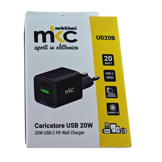 MKC - 49192900 - Caricatore USB -  20W -  1 USB-C + 1 USB-A - Nero - MKC Melchioni - 103977 -  Conf. da 1 Pz.