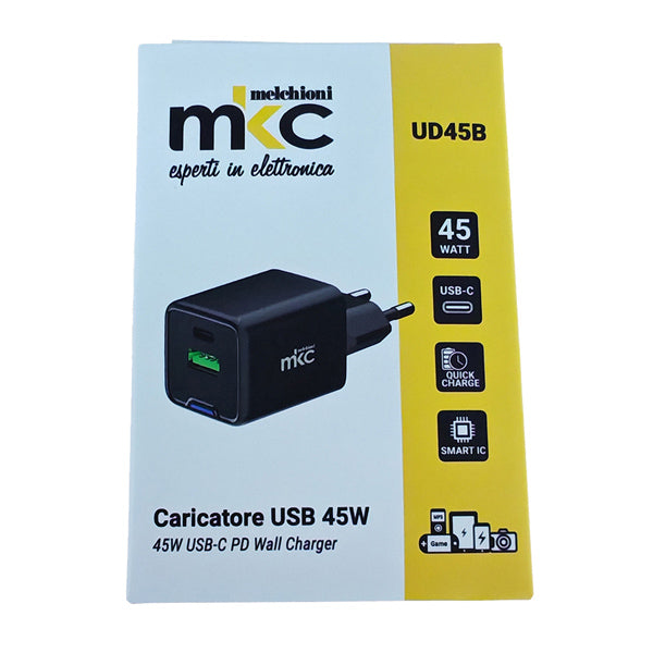 MKC - 491929604 - Caricatore USB -  45W -  1 USB-C + 1 USB-A - Nero - MKC Melchioni - 103981 -  Conf. da 1 Pz.