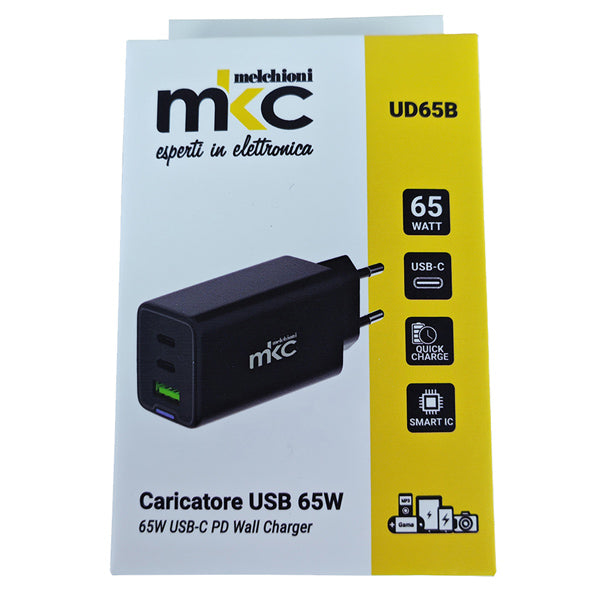 MKC - 491929605 - Caricatore USB -  65W -  2 USB-C + 1 USB-A - Nero - MKC Melchioni - 103982 -  Conf. da 1 Pz.