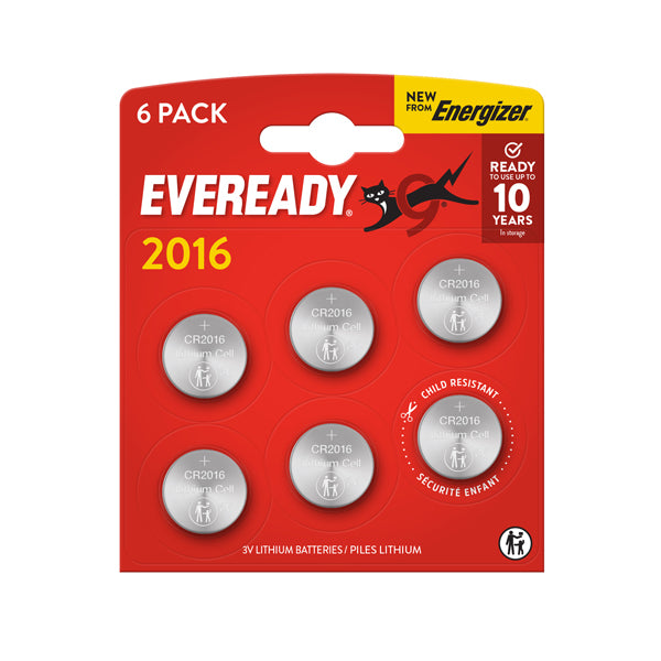 Energizer - U302018 - Micropila Eveready Lithium CR2016 - 3V - a pastiglia - litio - Energizer - blister 6 pezzi - 104106 -  Conf. da 1 Pz.