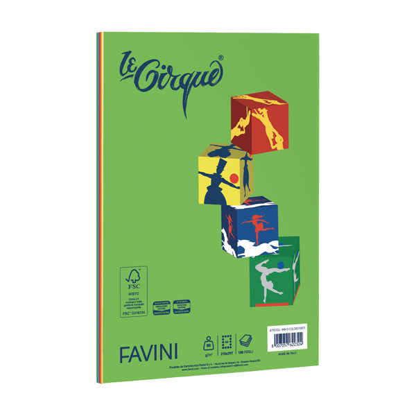 FAVINI - A71X124 - Carta Le Small Cirque - A4 - 80 gr - mix 5 colori forti - Favini - conf. 100 fogli - 104121 -  Conf. da 1 Pz.