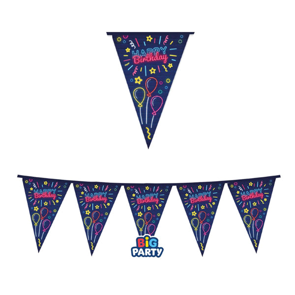 BIG PARTY - 76812 - Festone bandiere Happy Birthday - in cartoncino - neon - 3 mt - Big Party - 104197 -  Conf. da 1 Pz.