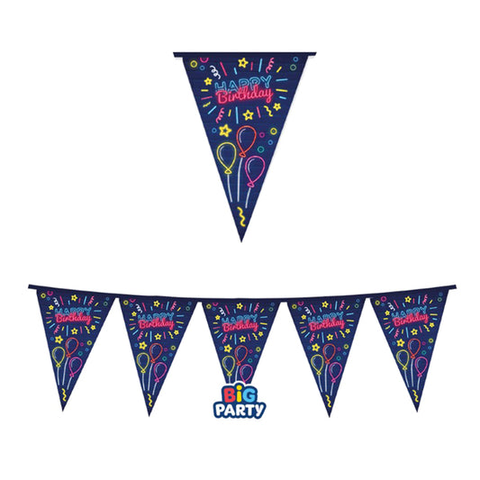 BIG PARTY - 76812 - Festone bandiere Happy Birthday - in cartoncino - neon - 3 mt - Big Party - 104197 -  Conf. da 1 Pz.