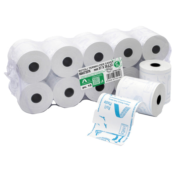 Rotolificio Pugliese - NBA5730TK - Rotolo per registratori di cassa - carta termica BPA free - 57 mm x 30 mt - 48 gr - diametro esterno 45 mm - anima 12 mm - Rotolific io Pugliese - blister 10 pezzi - 104278 -  Conf. da 1 Pz.