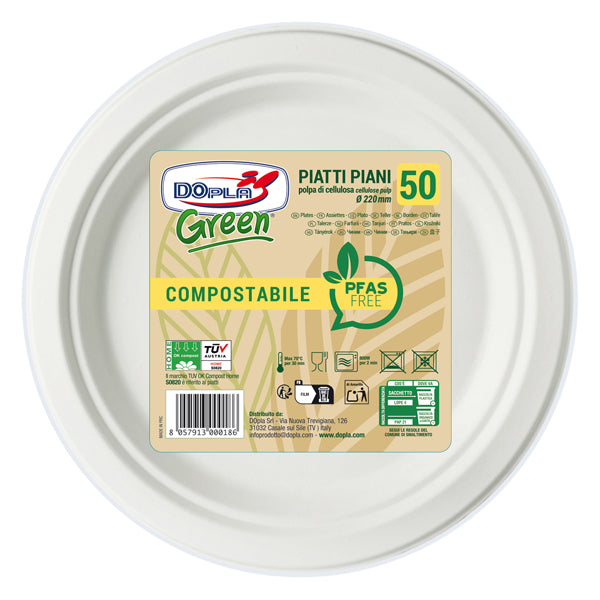 DOPLA - 07902 - Piatto piano monouso - rotondo - diametro 22 cm - cellulosa - bianco - Dopla Green - conf. 50 pezzi - 104424 -  Conf. da 1 Pz.
