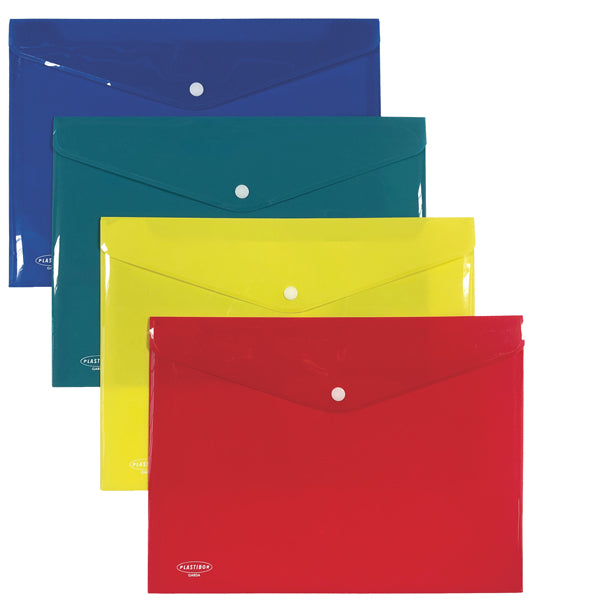 Plastibor - P0423390 - Busta con bottone - PP - 33 x 23,7 cm - colori assortiti - Plastibor - 104776 -  Conf. da 4 Pz.