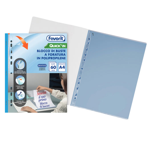 FAVORIT - 400205416 - Quick IN blocco buste forate - liscio - A4 - trasparente - Favorit - conf. 60 buste - 104798 -  Conf. da 1 Pz.