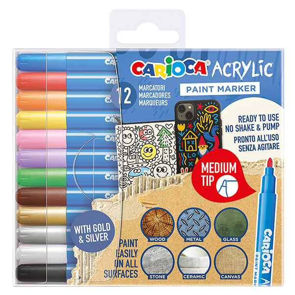 CARIOCA - 45294 - Marcatore Paint Marker acrilico - punta media - colori assortiti - Carioca - conf. 12 pezzi - 104876 -  Conf. da 1 Pz.