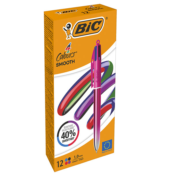 BIC - 303084 - Penna sfera a scatto 4 Colori Smooth - 1.0 mm - fusto rosa - Bic - conf. 12 pezzi - 104909 -  Conf. da 1 Pz.
