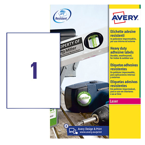 AVERY - L4775-8 - Etichette adesive L4775 - in poliestere - laser - permanenti - 210 x 297 mm - 1 et-fg - 8 fogli - bianco - Avery - 104995 -  Conf. da 1 Pz.
