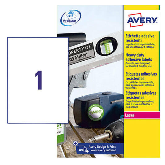 AVERY - L4775-8 - Etichette adesive L4775 - in poliestere - laser - permanenti - 210 x 297 mm - 1 et-fg - 8 fogli - bianco - Avery - 104995 -  Conf. da 1 Pz.
