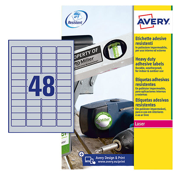 AVERY - L6009-8 - Etichette adesive L6009 - in poliestere - laser - permanenti - 45,7 x 21,2 mm - 48 et-fg - 20 fogli - argento - Avery - 104996 -  Conf. da 1 Pz.