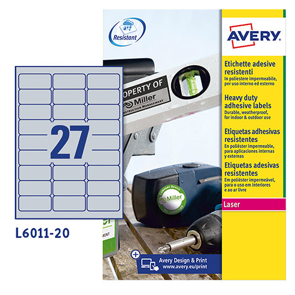 AVERY - L6011-8 - Etichette adesive L6011 - in poliestere - laser - permanenti - 63,5 x 29,6 mm - 27 et-fg - 8 fogli - argento - Avery - 104997 -  Conf. da 1 Pz.