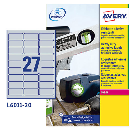 AVERY - L6011-8 - Etichette adesive L6011 - in poliestere - laser - permanenti - 63,5 x 29,6 mm - 27 et-fg - 8 fogli - argento - Avery - 104997 -  Conf. da 1 Pz.