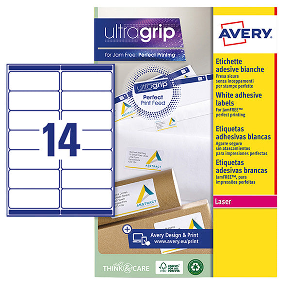 AVERY - L7163-15 - Etichette adesive L7163 - in carta - angoli arrotondati - laser - permanenti - 99,1 x 38,1 mm - 14 et-fg - 15 fogli - bianco - Avery - 104999 -  Conf. da 1 Pz.
