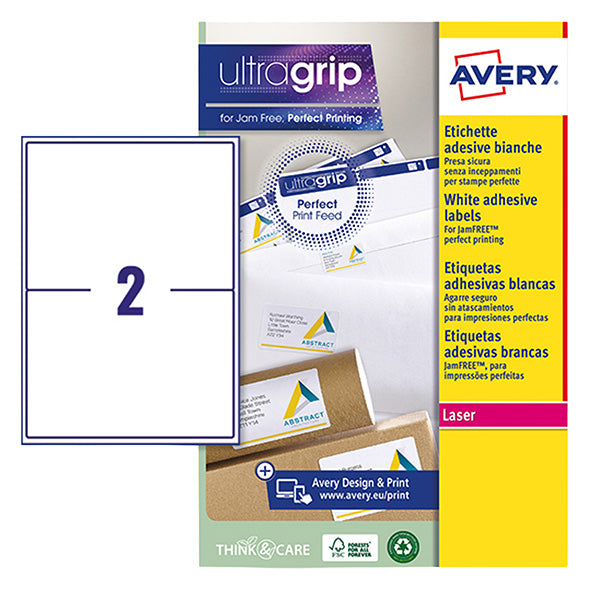 AVERY - L7168-15 - Etichette adesive L7168 - in carta - angoli arrotondati - laser - permanenti - 199,6 x 143,5 mm - 2 et-fg - 15 fogli - bianco - Aver y - 105000 -  Conf. da 1 Pz.