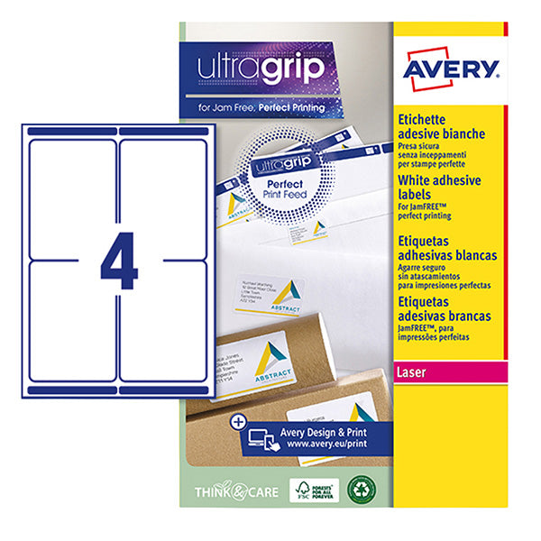 AVERY - L7169-15 - Etichette adesive L7169 - in carta - angoli arrotondati - laser - permanenti - 99,1 x 139 mm - 4 et-fg - 15 fogli - bianco - Avery - 105001 -  Conf. da 1 Pz.