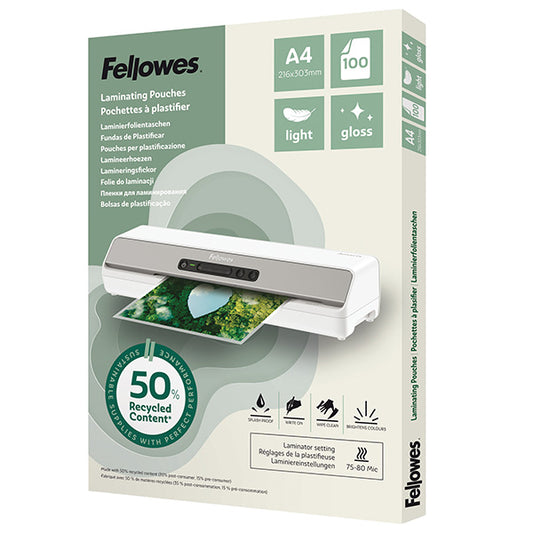 FELLOWES - 100142987 - Pouches riciclate - A4 - 2x80 micron - Fellowes - scatola 100 pezzi - 105019 -  Conf. da 1 Pz.