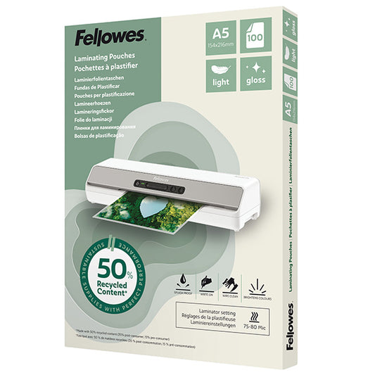 FELLOWES - 100143440 - Pouches riciclate - A5 - 2x80 micron - Fellowes - scatola 100 pezzi - 105020 -  Conf. da 1 Pz.