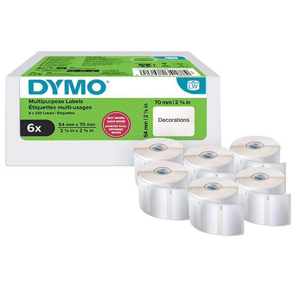 DYMO - 2234188 - Rotolo 320 etichette LW 2234188 - 54 x 70 mm - carta - multiuso - bianco - Dymo - value pack 6 pezzi - 105302 -  Conf. da 1 Pz.