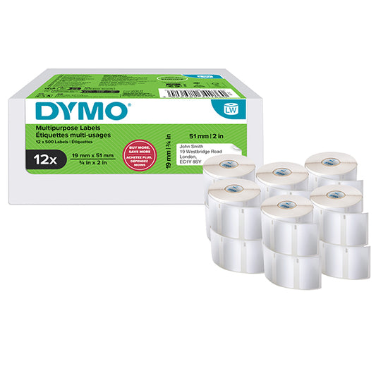 DYMO - 2234186 - Rotolo 500 etichette LW 2234186 - 19 x 51 mm - carta - multiuso - bianco - Dymo - value pack 12 pezzi - 105303 -  Conf. da 1 Pz.