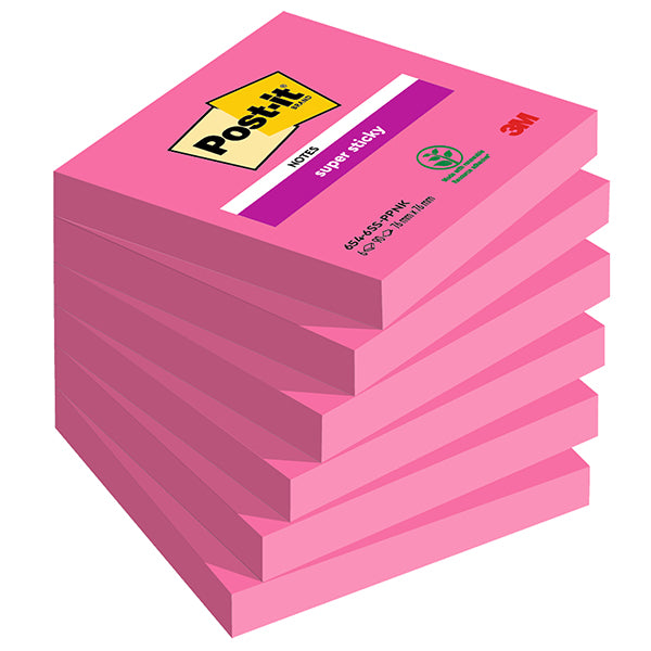 POST-IT - 7100263208 - Blocco Post-it Super Sticky - 654-6SS-PPNK - 76 x 76 mm - rosa power - 90 fogli - Post-it - conf. 6 pezzi - 105339 -  Conf. da 1 Pz.