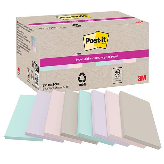 POST-IT - 7100374575 - Blocco foglietti Post-it SuperSticky - 622R-SS8COL - 75 x 127 mm - carta riciclata - assortiti - 70 fogli - Post-it - conf. 8 blocc hi - 105341 -  Conf. da 1 Pz.