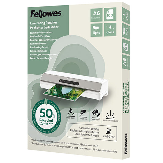 FELLOWES - 100143441 - Pouches riciclate - A6 - 2x80 micron - Fellowes - scatola 100 pezzi - 105343 -  Conf. da 1 Pz.