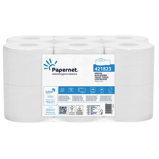 PAPERNET - 421823 - Carta igienica Centrefeed Mini Jumbo - 2 veli - 15 gr - diametro 14,9 cm - 10,75 cm x 112 m - bianco - Papernet - 105538 -  Conf. da 12 Pz.