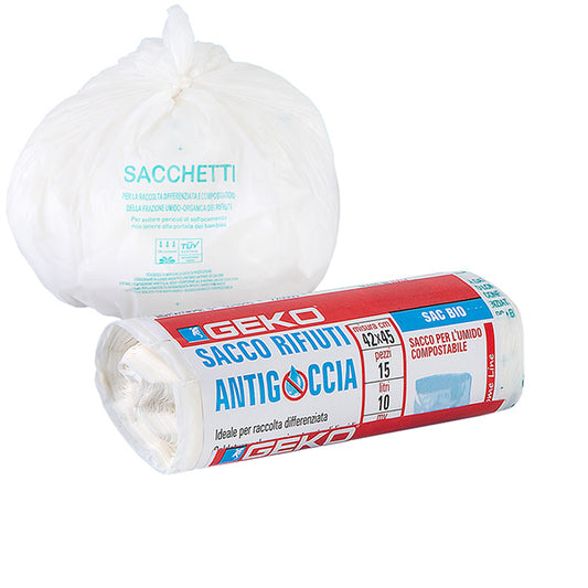 Geko - 8500500001 - Sacchi per rifiuti organici Sac Bio - 42 x 45cm - 10 L - 12 micron - bianco - Geko - rotolo da 15 sacchetti - 105872 -  Conf. da 1 Pz.