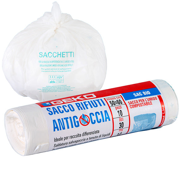 Geko - 8500500002 - Sacchi per rifiuti organici Sac Bio - 50 x 60cm - 30 L - 12 micron - bianco - Geko - rotolo da 10 sacchetti - 105873 -  Conf. da 1 Pz.