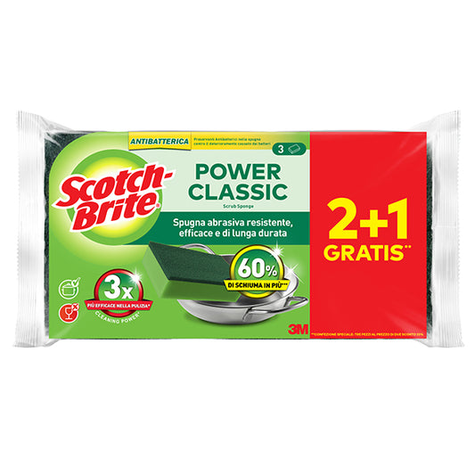 3M - 7100316712 - Spugna abrasiva Power Classic - antibatterica - 14,2x2,4x11,5 cm - giallo-verde - Scotch-Brite - conf. 3 pezzi - 105911 -  Conf. da 1 Pz.