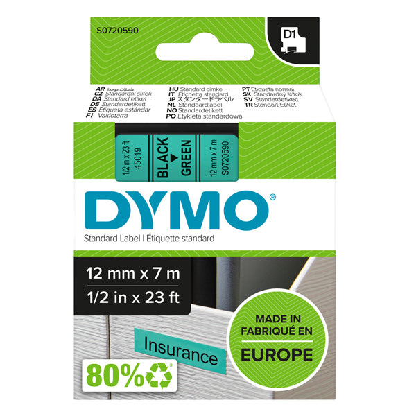 DYMO - S0720590 - Nastro D1 standard 450190 - 12 mm x 7 mt - PL - nero-verde - Dymo - 27870 -  Conf. da 1 Pz.