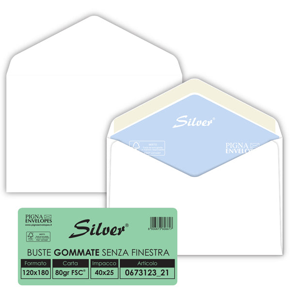 Pigna Envelopes - 067312321 - Busta Busta Silver Matic FSC - senza finestra - gommata - 12 x 18 cm - 80 gr -  bianco - Pigna Envelopes - conf. 25 pezzi - 32066 -  Conf. da 1 Pz.