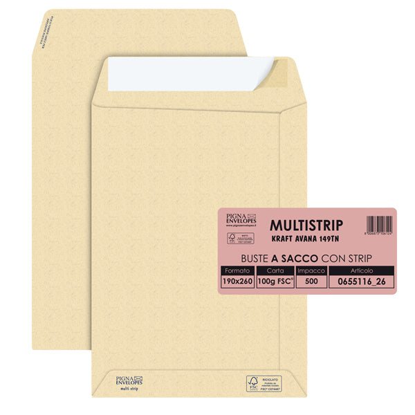Pigna Envelopes - 065511626 - Busta a sacco Multi Strip - strip adesivo - 19 x 26 cm - 100 gr - carta riciclata FSC - avana - Pigna Envelopes - conf. 500 pezzi - 36986 -  Conf. da 1 Pz.