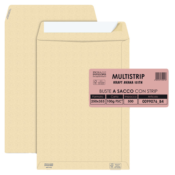 Pigna Envelopes - 0099076B4 - Busta a sacco Multi Strip - strip adesivo - 25 x 35,3 cm - 100 gr - carta riciclata FSC - avana - Pigna Envelopes - conf. 500 pezzi - 37000 -  Conf. da 1 Pz.