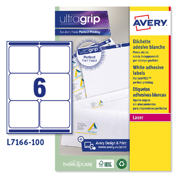 AVERY - L7166-100 - Etichette adesive L7166 - in carta - angoli arrotondati - laser - permanenti - 99,1 x 93,1 mm - 6 et-fg - 100 fogli - bianco - Avery - 45183 -  Conf. da 1 Pz.