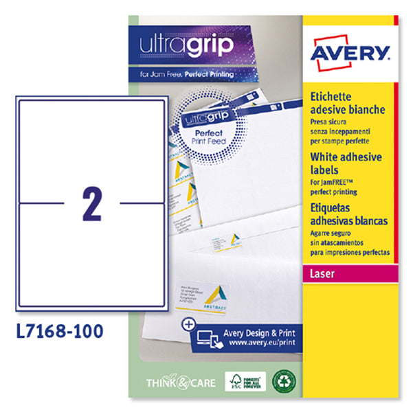 AVERY - L7168-100 - Etichette adesive L7168 - in carta - angoli arrotondati - laser - permanenti - 199,6 x 143,5 mm - 2 et-fg - 100 fogli - bianco - Avery - 45185 -  Conf. da 1 Pz.