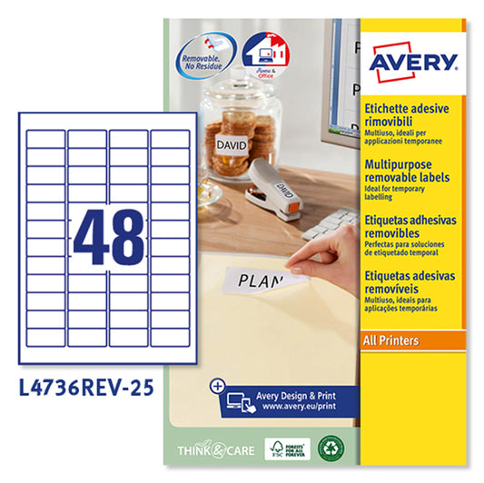 AVERY - L4736REV-25 - Etichette adesive L4736REV - in carta - angoli arrotondati - rimovibili - 45,7 x 21,2 mm - 48 et-fg - 25 fogli - bianco - Avery - 45215 -  Conf. da 1 Pz.