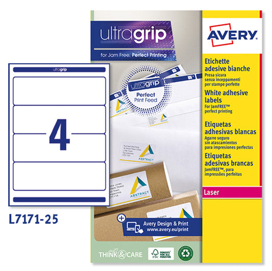 AVERY - L7171-25 - Etichette adesive L7171 - in carta - angoli arrotondati - permanenti - 200 x 60 mm - 4 et-fg - 25 fogli - bianco coprente - Avery - 45217 -  Conf. da 1 Pz.