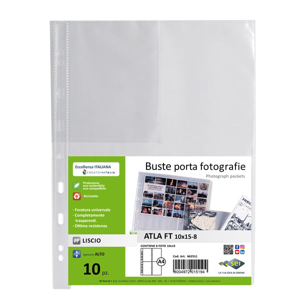 SEI ROTA - 662511 - Buste forate Atla FT porta foto e cartoline - 8 spazi 10 x 15 cm - trasparente - Sei Rota - conf. 10 pezzi - 48118 -  Conf. da 1 Pz.